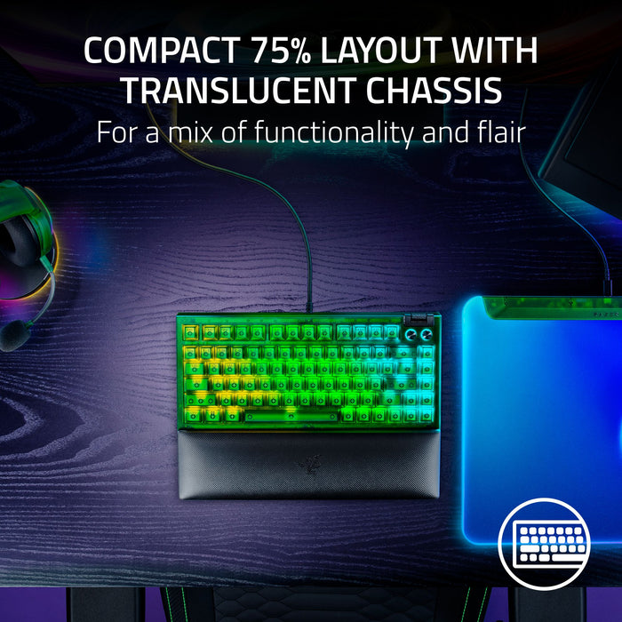 Razer BlackWidow V4 75% Mechanical Gaming Keyboard - Phantom Green Edition | Tactile | Chroma RGB | Magnetic Wrist Rest